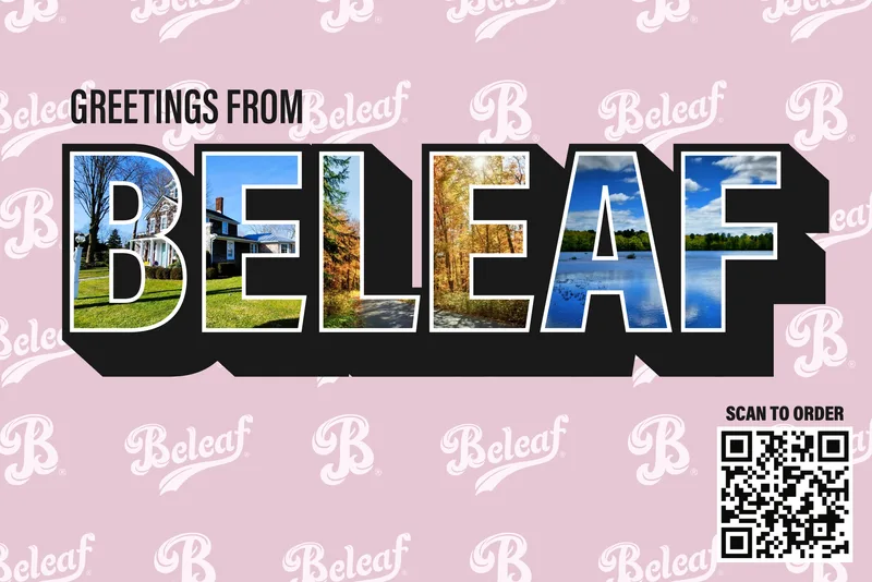Beleaf cannabis postcard mailer with retro Greetings From letter-fill design and QR code