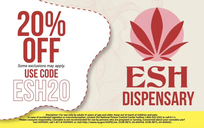 ESH Dispensary EDDM mailer with 20% off coupon code and red leaf branding