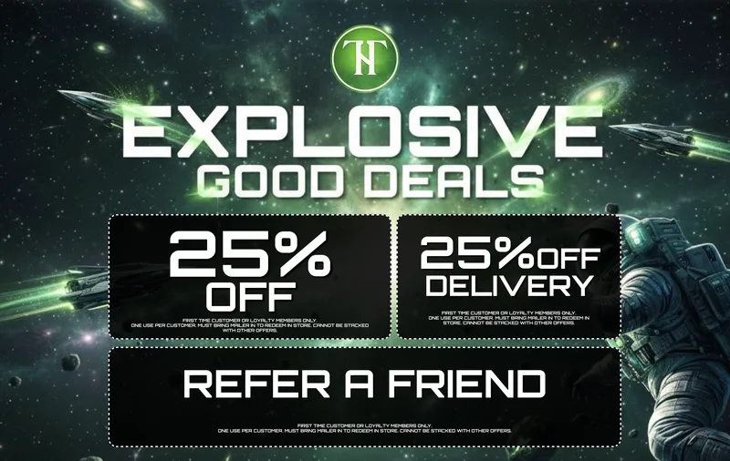 Explosive Good Deals cannabis mailer with space theme, 25% off and refer a friend offers
