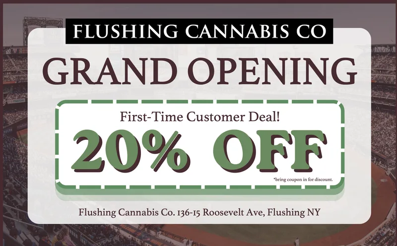 Flushing Cannabis Co grand opening EDDM mailer with 20% off first-time customer coupon