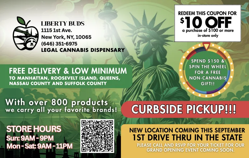 Liberty Buds NYC dispensary EDDM with Statue of Liberty design, $10 off and spin the wheel