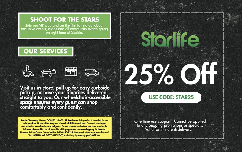Starlife dispensary EDDM mailer with 25% off coupon code and VIP club invite