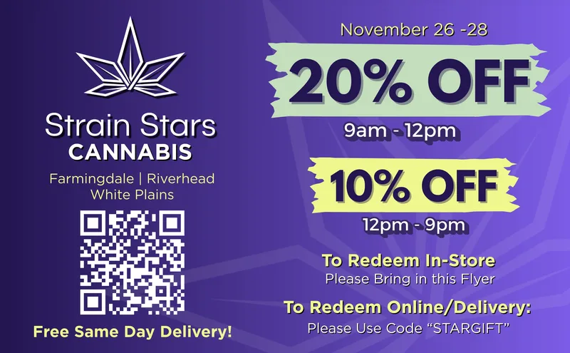 Strain Stars Cannabis holiday EDDM mailer with 20% and 10% off tiers plus free delivery