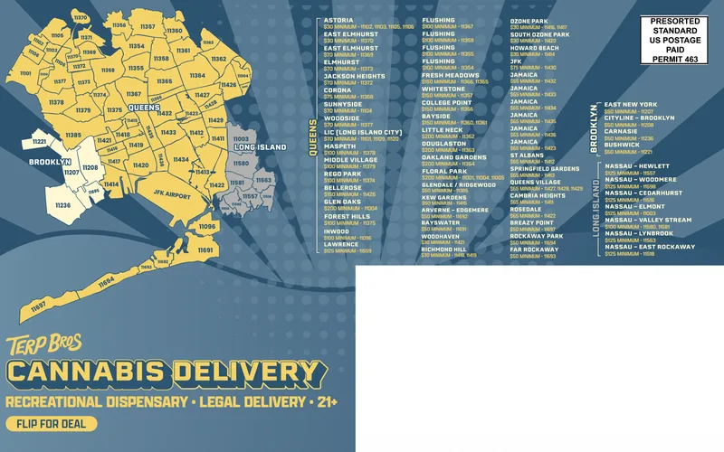 Terp Bros cannabis delivery zone map covering Queens, Brooklyn, and Long Island