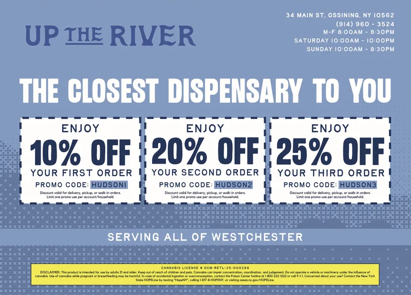 Up The River Westchester dispensary EDDM with tiered 10-20-25% off coupon codes