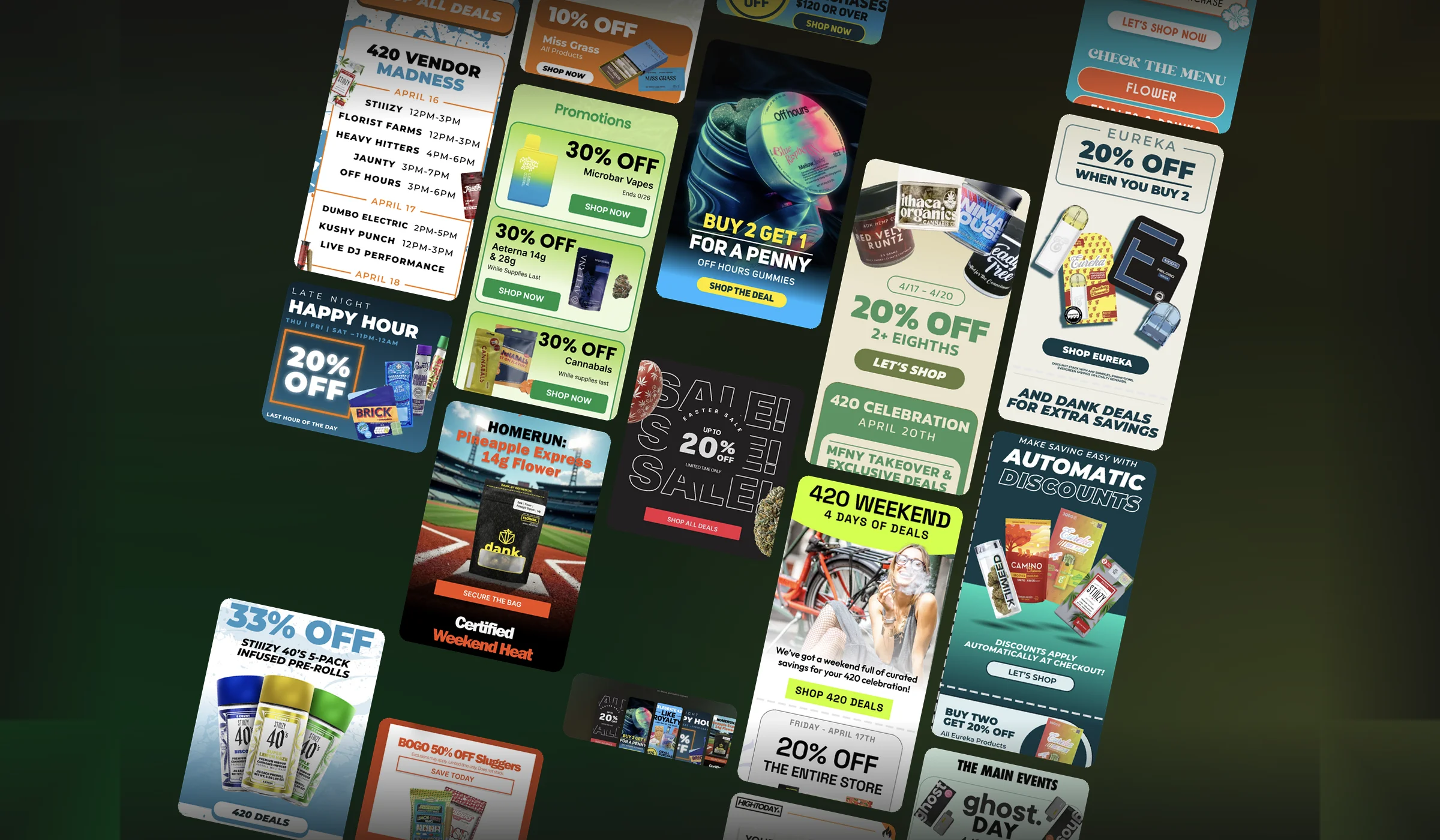 Mosaic of cannabis dispensary email marketing campaigns designed by Gold Standard Solutions