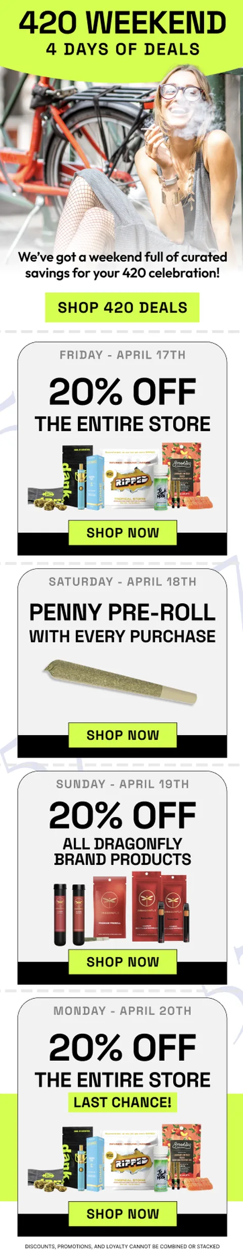 420 Weekend 4 Days of Deals — lime green accents with daily deal schedule