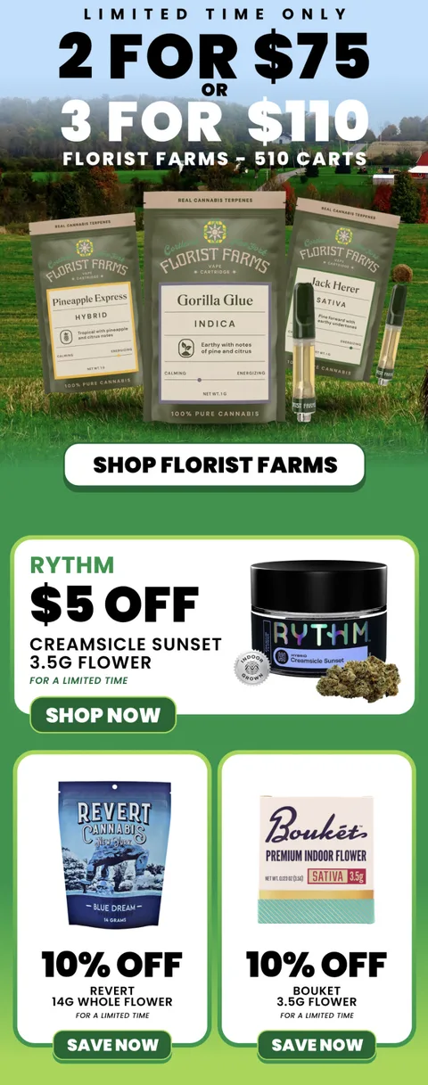 4th of July dispensary email with product collage, delivery deals, and brand promotions