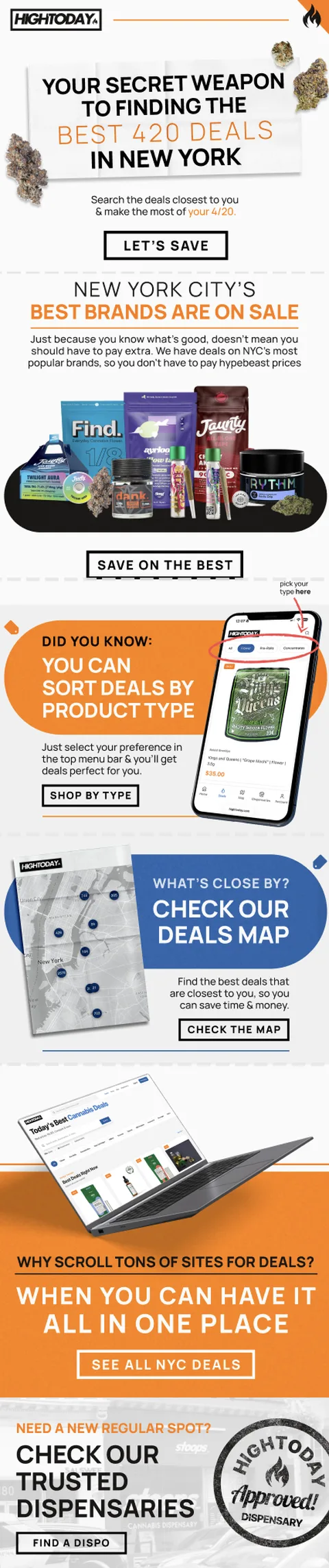 NYC cannabis deals aggregator site, orange and white with deals map and product sorting