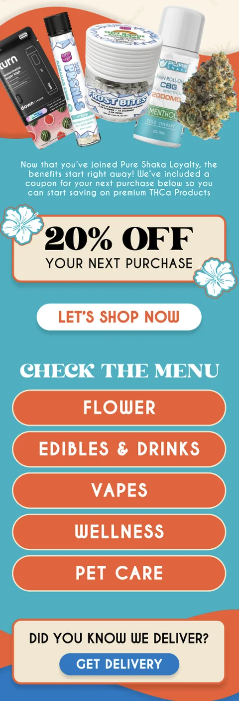 Pure Shaka loyalty welcome — orange and teal with menu categories and delivery CTA